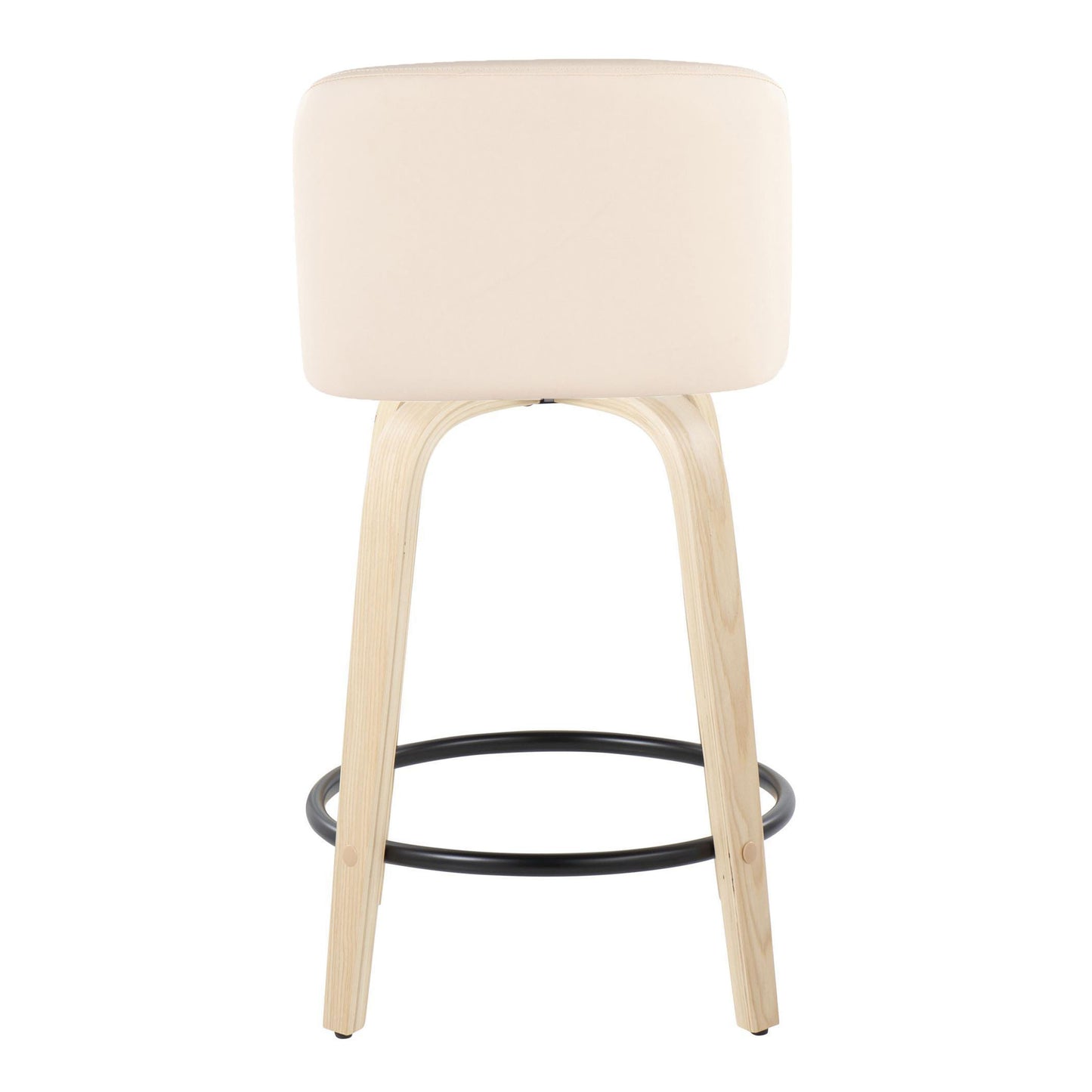 Tolk - Set of 2 - 24" Fixed-Height Swivel Counter Stools – Natural Wood, Cream Faux Leather, Black Metal Footrest