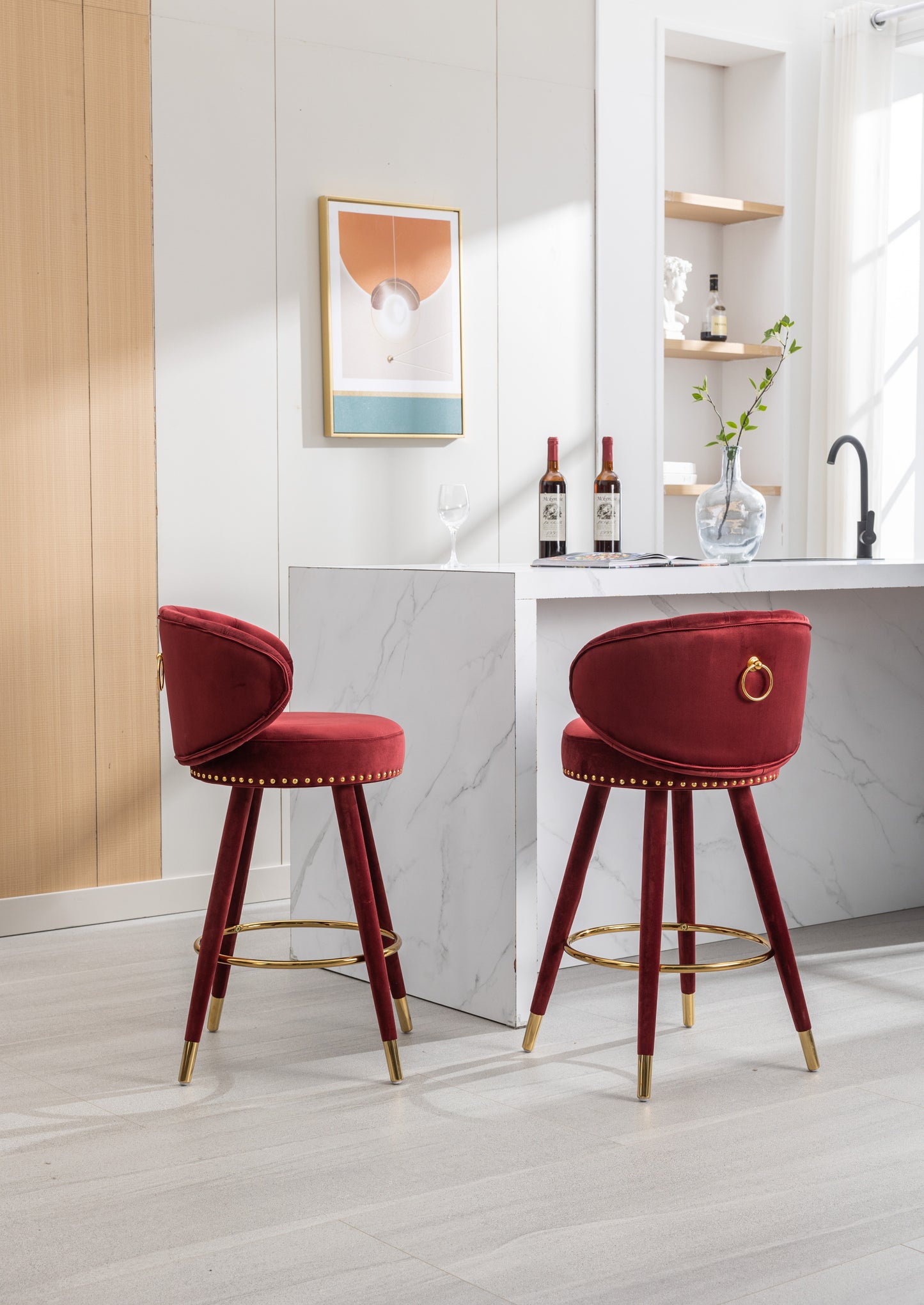 Cylvara - Set of 2 - 28" Claret Red Velvet Counter Height Bar Stools with Solid Wood Legs and 360° Swivel