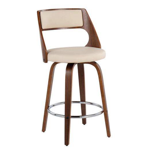 Elvira - Set of 2 - 26" Walnut and Cream Swivel Counter Stools with High Back and Faux Leather Upholstery