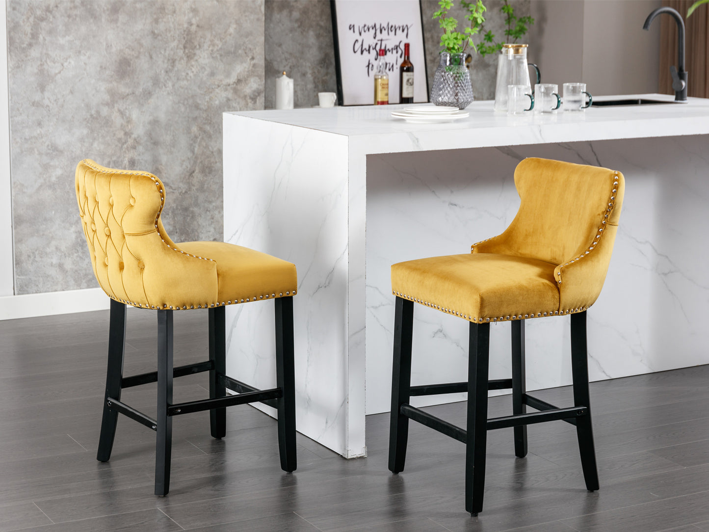 Harlingtan – Set of 2 – 30" Gold Velvet Upholstered Wingback Bar Stools with Button Tufted Design, Wooden Legs, and Chrome Nailhead Trim