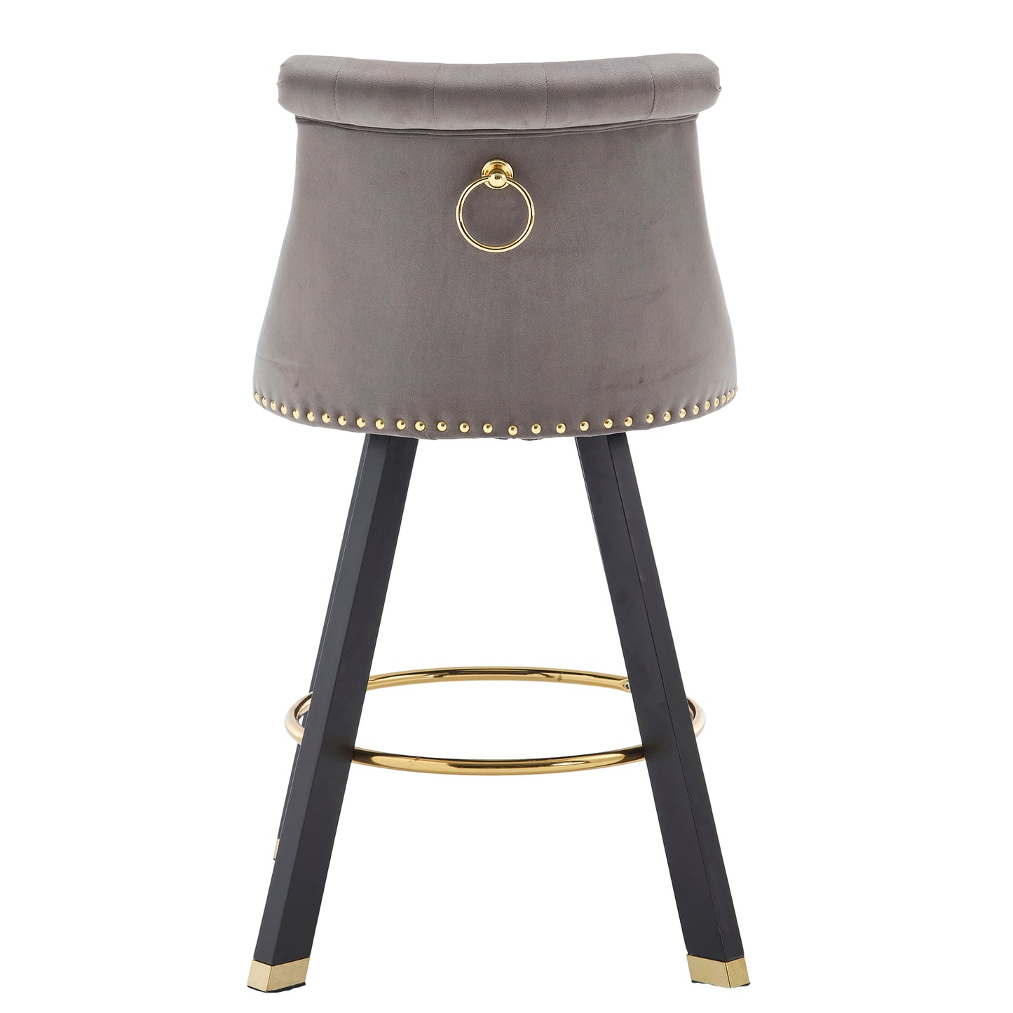 Evra - Set of 2 - Dark Gray Velvet Bar Stools with 360° Swivel, Rivet Detailing, and 26" Seat Height