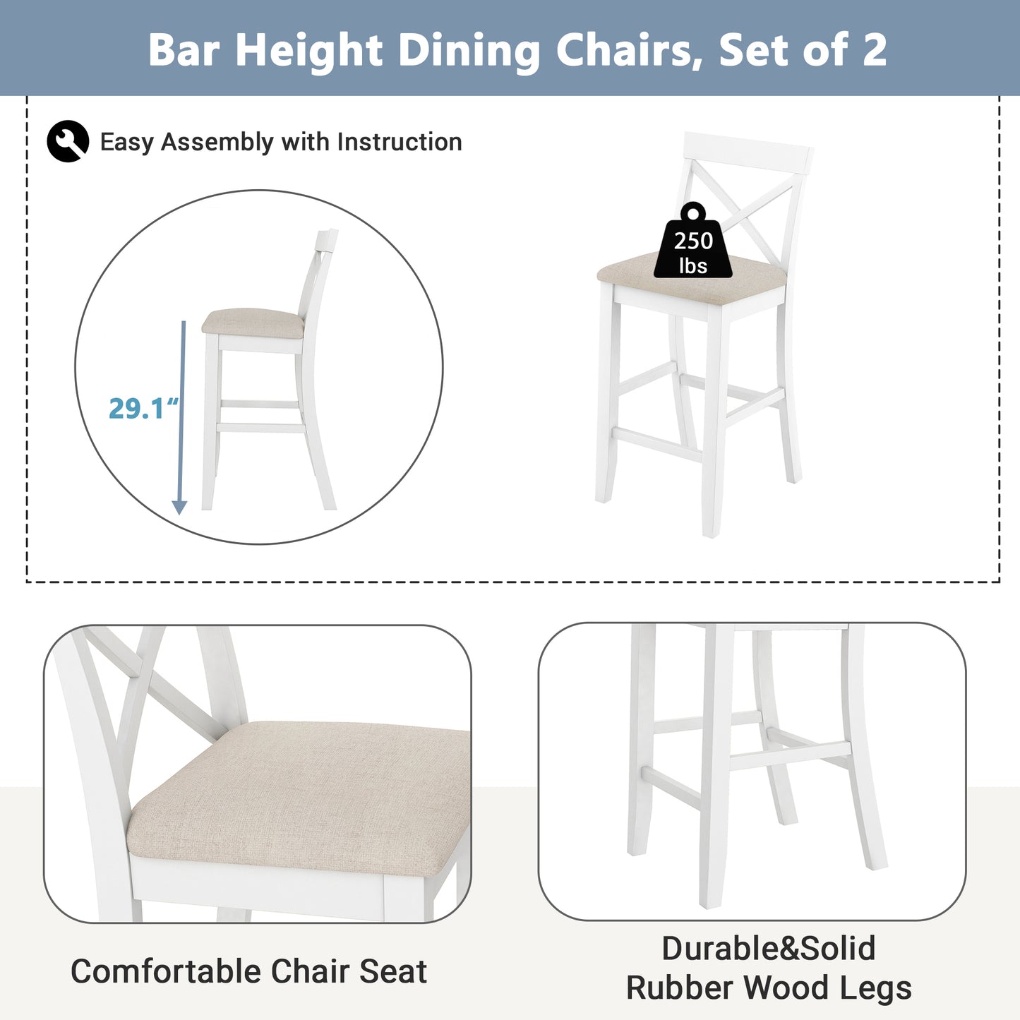 Trinalis - Set of 2 - 31" Rectangular Wood Bar Height Dining Set with Acacia Wood Frame and White Finish, Ideal for Small Spaces