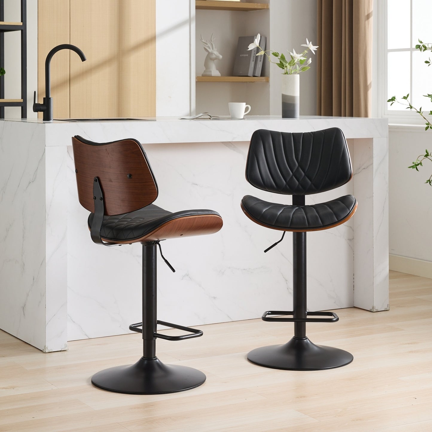 Alessa - Set of 2 - 26" Adjustable Walnut Bentwood & Black Leather 360° Swivel Bar Stools