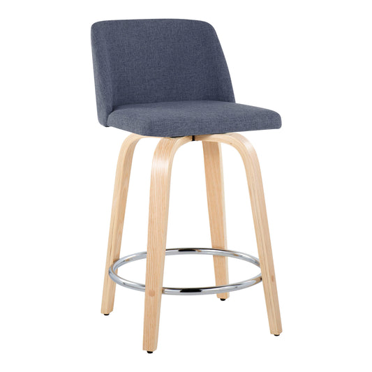 Tiber- Set of 2 - 26" Natural Wood & Blue Fabric Swivel Counter Stools with Chrome Footrest