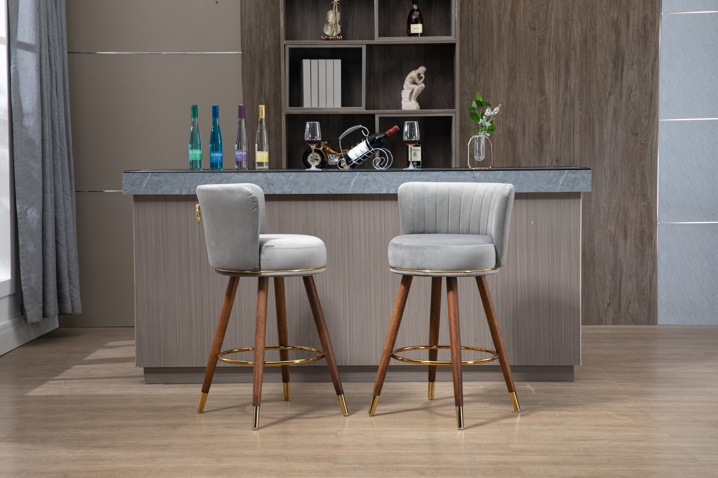 Avira - Set of 2 - 28" Grey Counter Height Swivel Bar Stools with Light Brown Solid Wood Legs, Retro Style and Upholstered Cushions