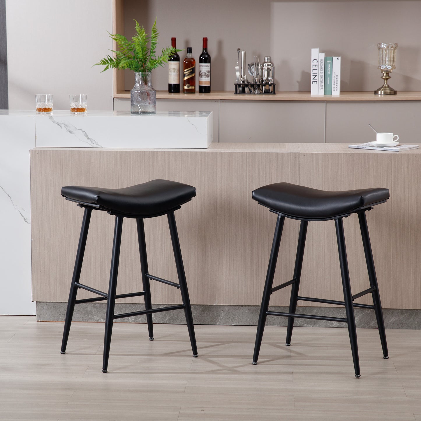 Harper - Set of 2 - 28” Black PolyUrethane Leather Armless Counter Stools with Metal Legs and Footrest - Modern Design for Kitchen or Dining