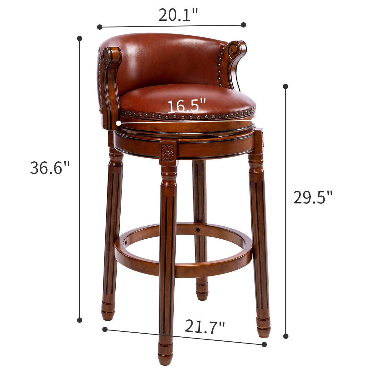 Hesperia  Set of 2 - 29.5” Seat Height Cowhide Leather Bar Stool, 360° Swivel, High Back Chair, Brown, Wood Frame for Kitchen or Home Bar (1pc)