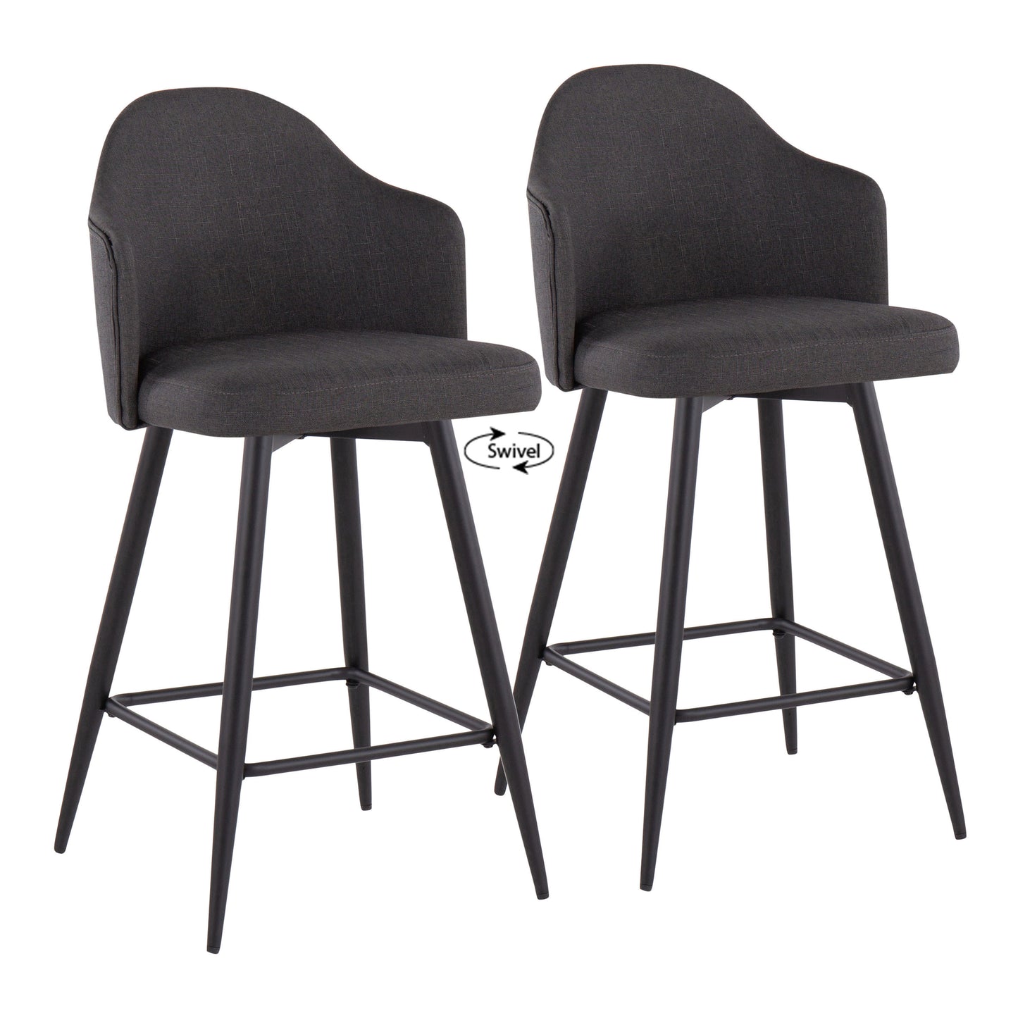 Humph - Set of 2 - 26" Charcoal Swivel Counter Stools with Fabric Seat, Bamboo Back, and Black Metal Frame