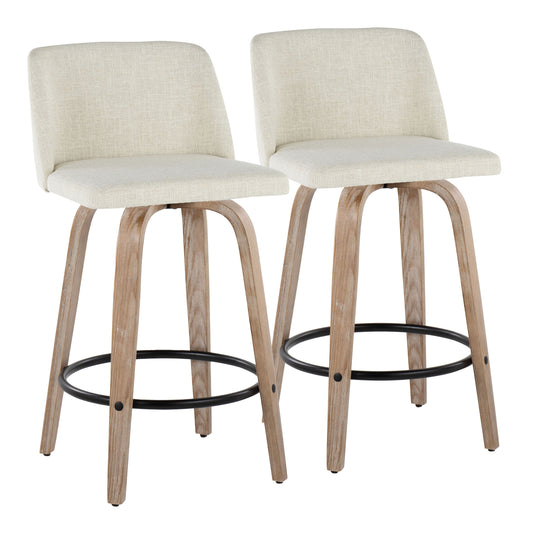 Talvyn - Set of 2 - 24" Cream Upholstered Counter Stools with Swivel and Whitewashed Wood Frame