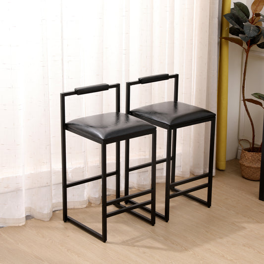 Halwick - Set of 2 - 25" Black PU Leather Counter Height Bar Stools with Backrest and Footrest - Modern Metal Frame for Kitchen, Dining, or Bar