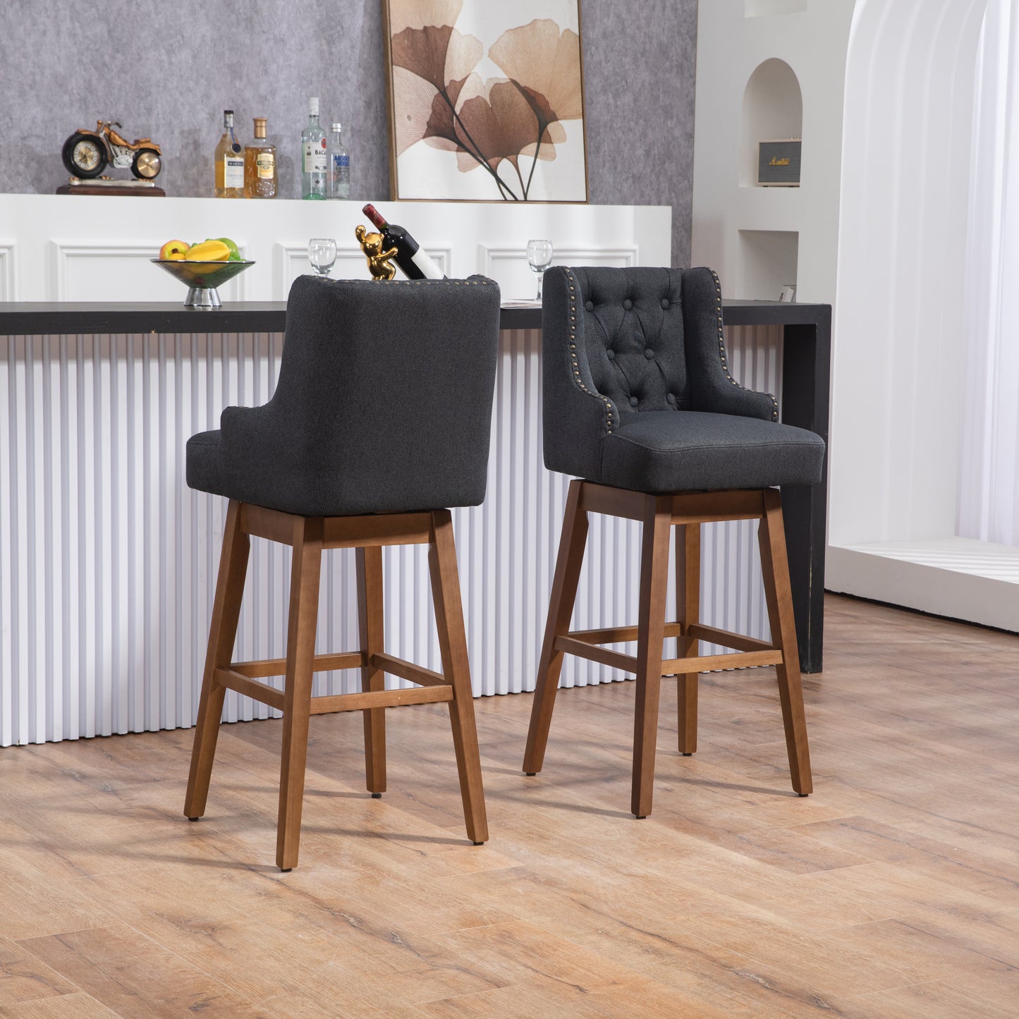 Helvion - Set of 2 - 29.92" Black Linen Swivel Counter Height Bar Stools with Solid Wood Legs and High Back