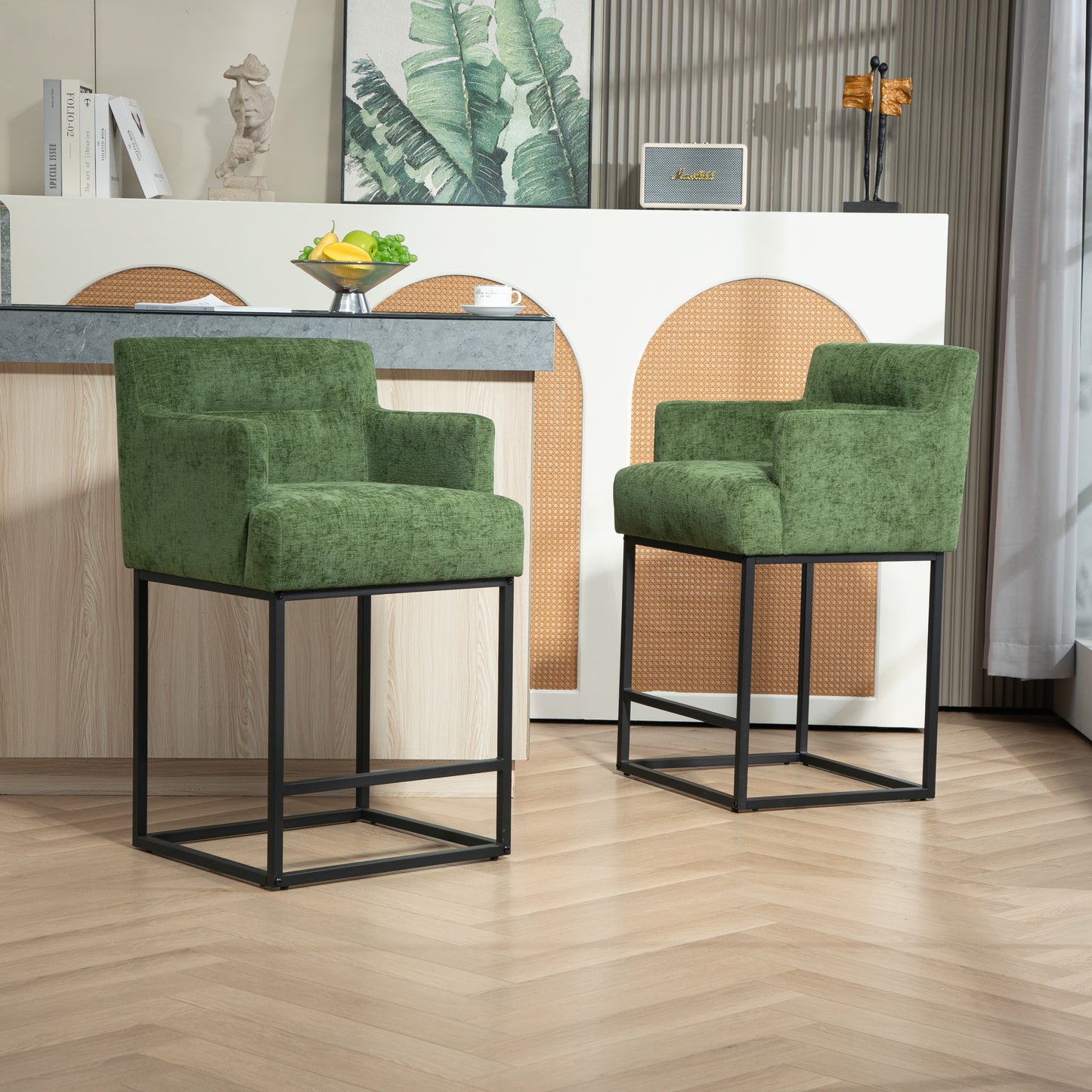 Neveo - Set of 2 - 26" Green Upholstered Chenille Counter Height Bar Stools with Black Metal Frame - Modern Square Design for Kitchen Island or Pub