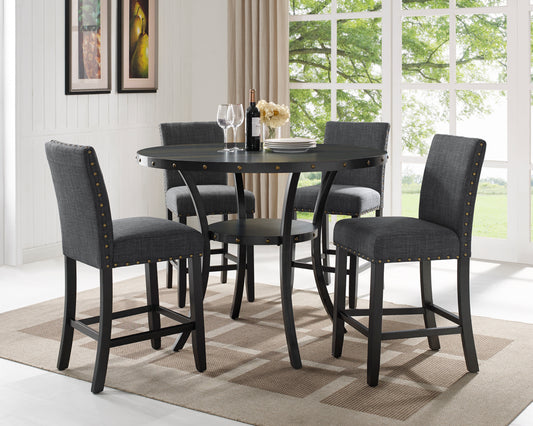 Ezriel - Set of 5 - 26" Grey Fabric Nailhead Counter Stools with Round Espresso Wood Table for 4