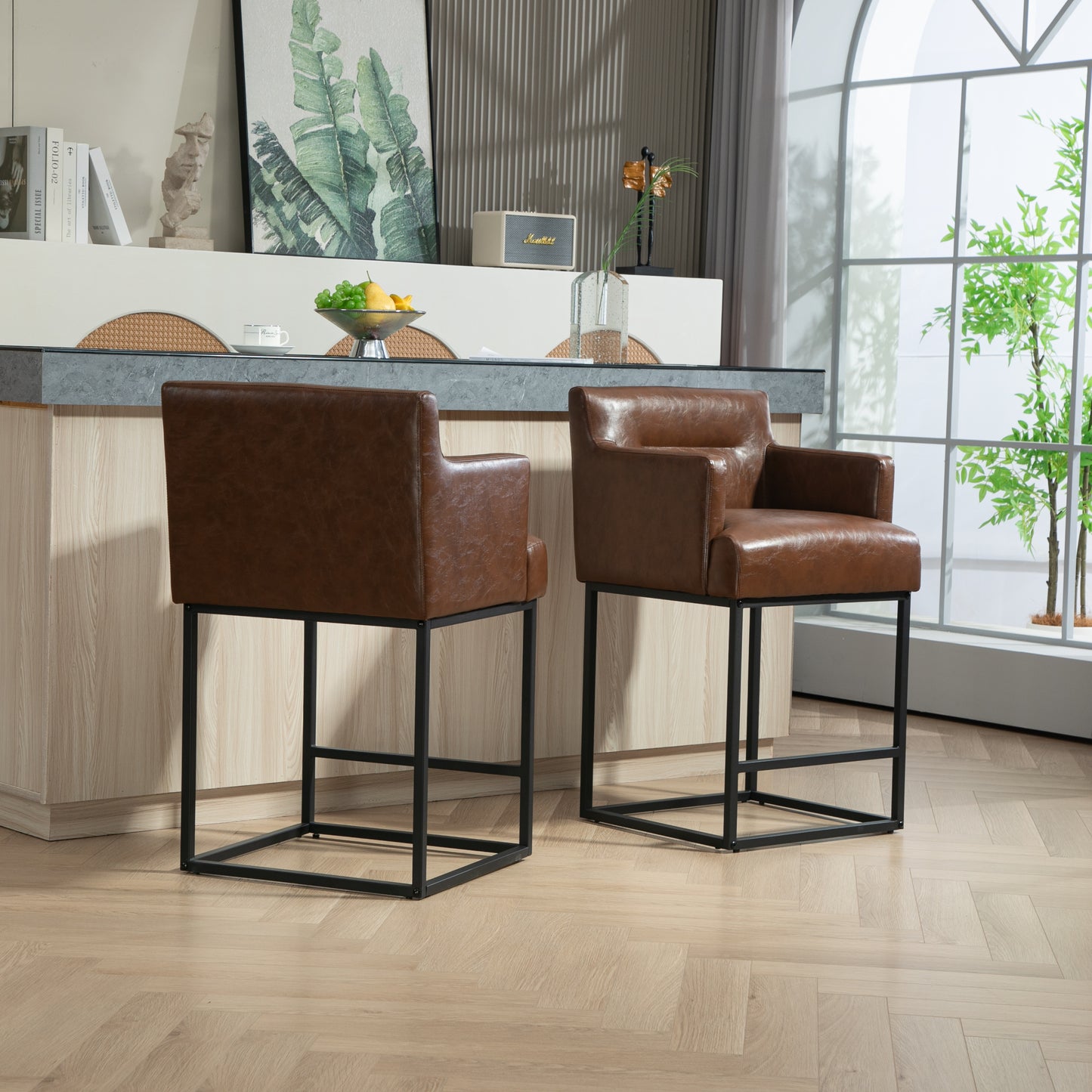 Vespores - Set of 2 - 26" Counter Height Bar Stools with Modern Square Back, Brown PU Upholstery, Black Metal Frame for Kitchen Island, Pub, or Club