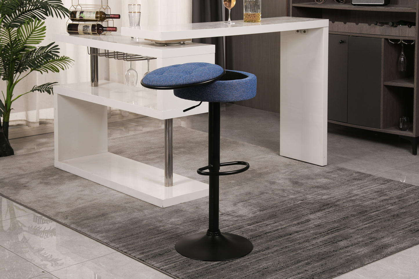 Veynard - Set of 2 - 24" Blue Linen Adjustable Bar Stools with 360° Swivel, Metal Frame for Kitchen and Dining