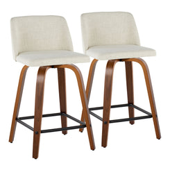 Ternithra - Set of 2 - 24" Mid-Century Modern Fixed-Height Counter Stools with Walnut Wood Frame, Cream Fabric Upholstery, and 360-Degree Swivel