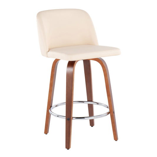 Walden - Set of 2 - 24" Cream Faux Leather Counter Stools with Walnut Wood Base and Chrome Footrest