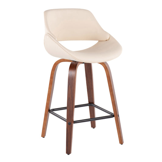 Letar - Set of 2 - 24" Cream Faux Leather & Walnut Wood Mid-Century Modern Swivel Counter Stools