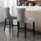 Gualtier - Set of 2 - 28" Velvet Upholstered Barstools with Button Tufted Design, Chrome Nailhead Trim, and Wooden Legs