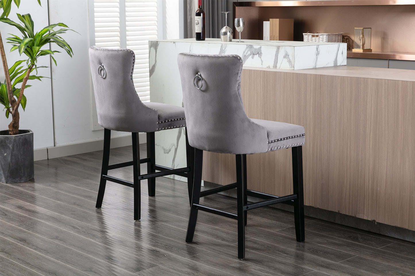 Gualtier - Set of 2 - 28" Velvet Upholstered Barstools with Button Tufted Design, Chrome Nailhead Trim, and Wooden Legs