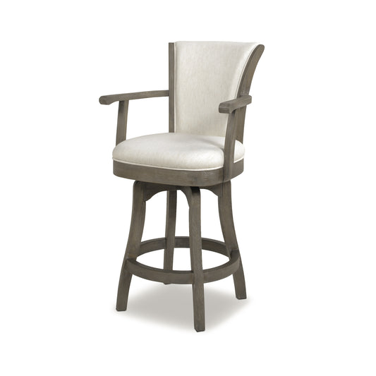 Williams - Set of 2 - 27" Swivel Counter Height Bar Stools with Natural White Linen Upholstery, High Back, and Hardwood Frame