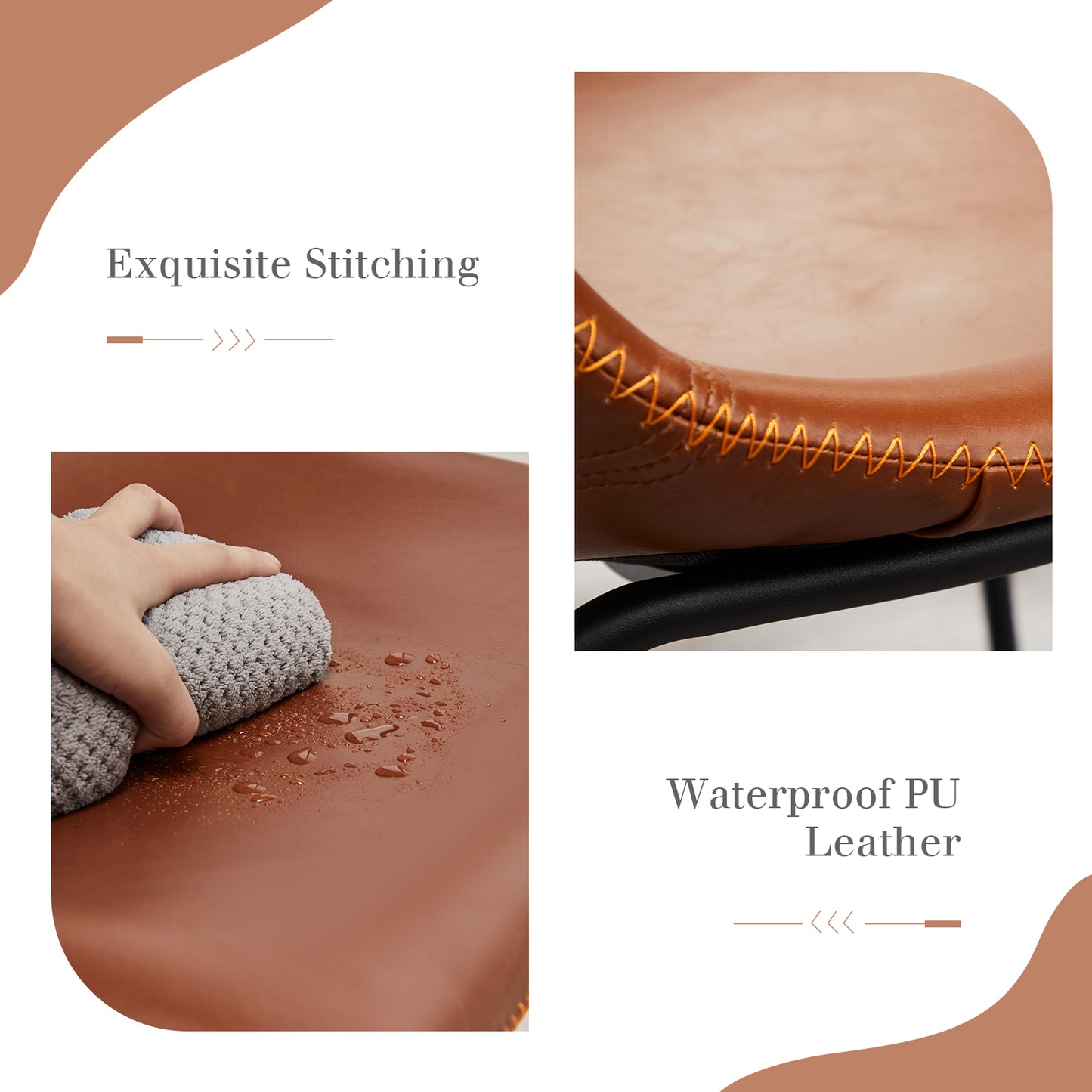 Sweetcrispy - Set of 2 - 29" Leather Counter Height Bar Stools, Brown PU Leather, Ergonomic Support, Waterproof & Anti-Slip Protectors