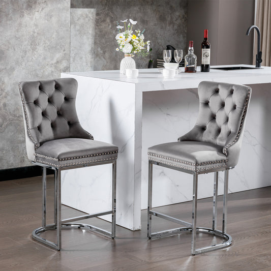 Halora - Set of 2 - 26" Gray Velvet Counter Height Bar Stools with Rivet Trim, Button Tufted Backrest, and Sturdy Chromed Metal Base