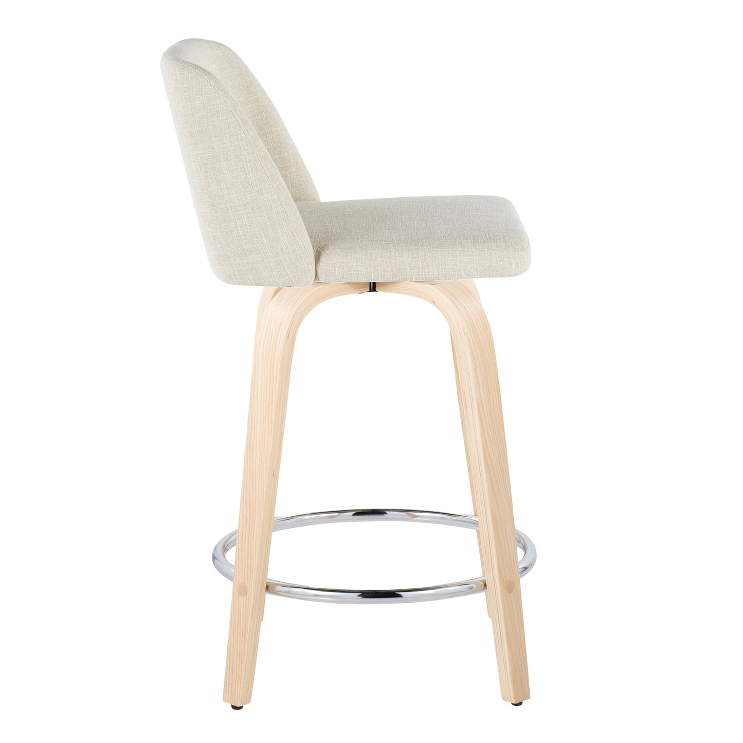 Tuvon - Set of 2 - 24" Contemporary Fixed-Height Swivel Counter Stools – Natural Wood & Cream Fabric with Chrome Footrest