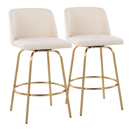 Luriani - Set of 2 - 26" Fixed-Height Counter Stools with 360° Swivel, Cream Noise Fabric & Gold Metal Base