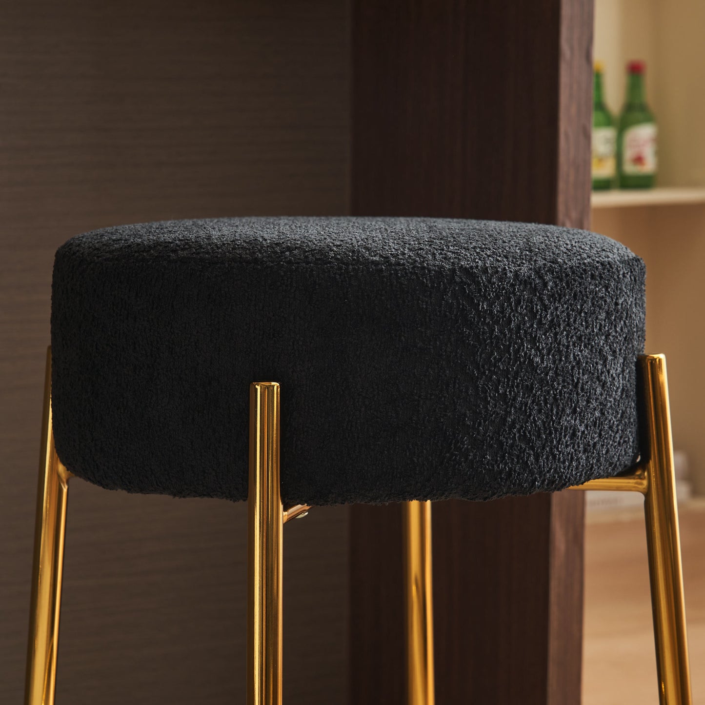 Omnira - Set of 2 - 24" Black Upholstered Round Bar Stools with Non-Slip Feet and Minimalist Design