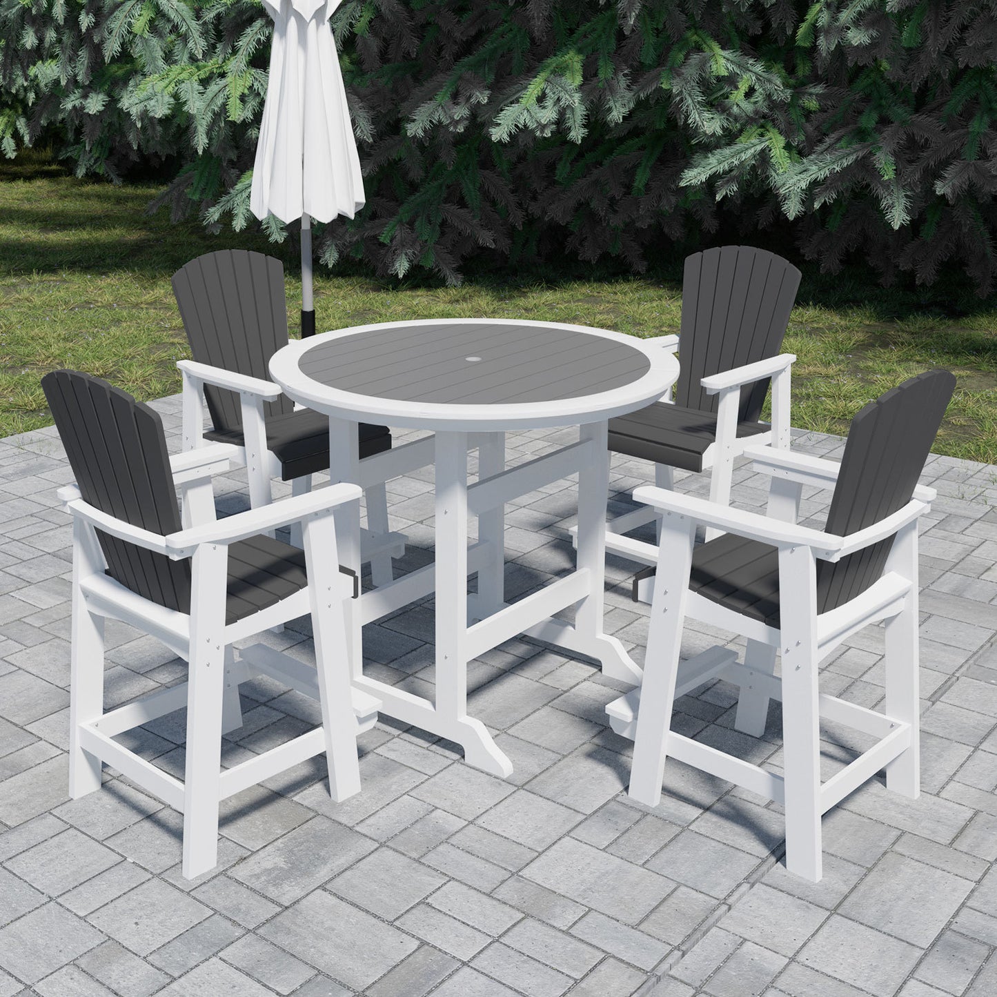 Dunbridge - Set of 5 - 29" Square HDPE High Top Bar Table & Chair Set in White & Gray, Outdoor Dining