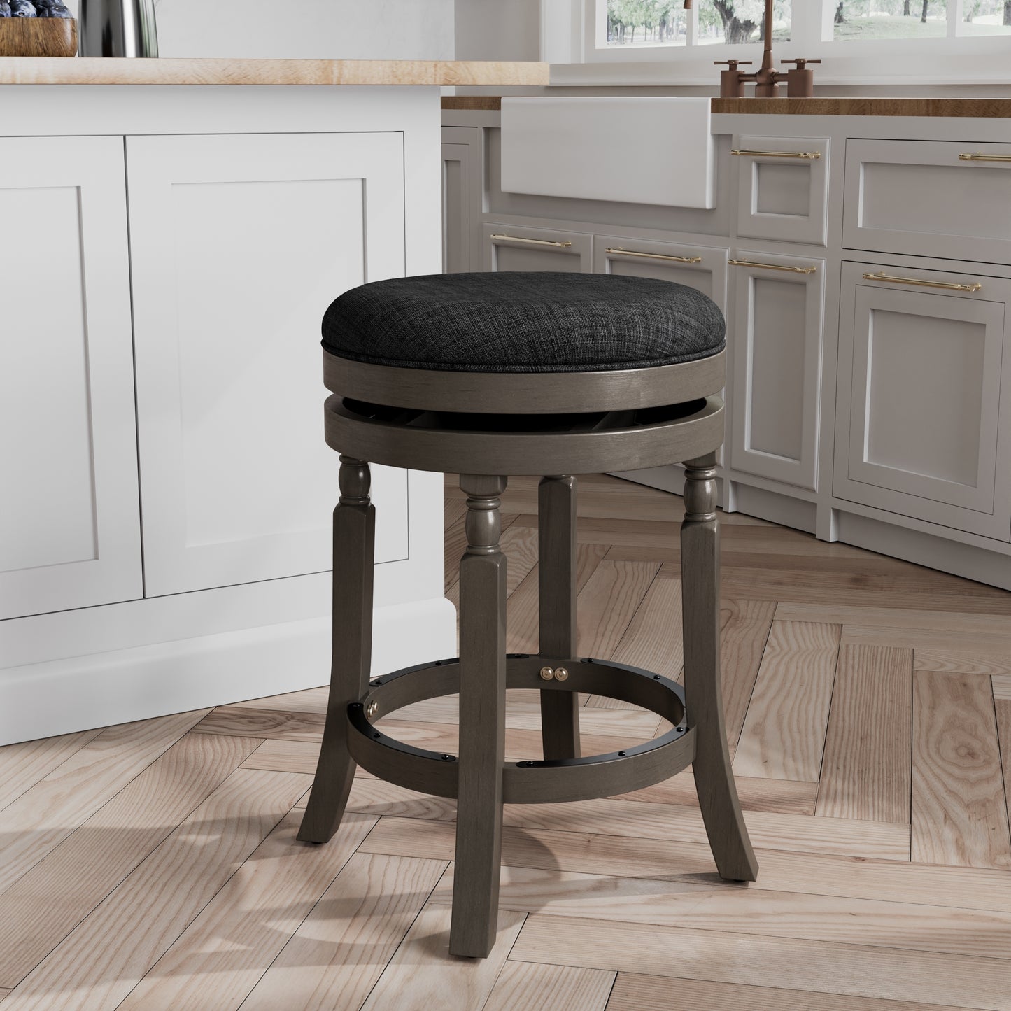 Palmer Lake - Set of 2 - 24" Weathered Gray Counter Stools with Charcoal Fabric Seat and Swivel Mechanism