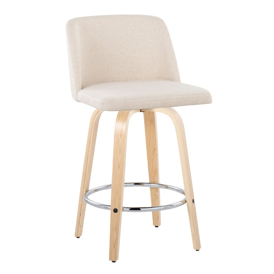 Tulia- Set of 2 - 26" Natural Wood and Cream Noise Fabric Swivel Counter Stools with Chrome Footrest