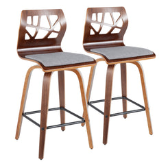 Flourish - Set of 2 - 26" Mid-Century Modern Swivel Counter Stools in Walnut Wood and Light Grey Fabric