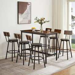 Hawkwind - Set of 2 - 26" Rustic Brown & Black Industrial Bar Dining Table with 6 High-Back PU Leather Stools