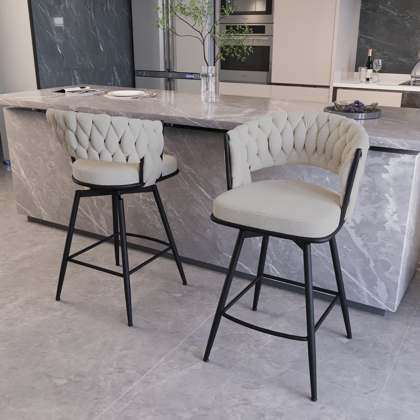 Norwich - Set of 2 - 26" Beige Suede Counter Stools with Black Metal Legs and Woven Backrest