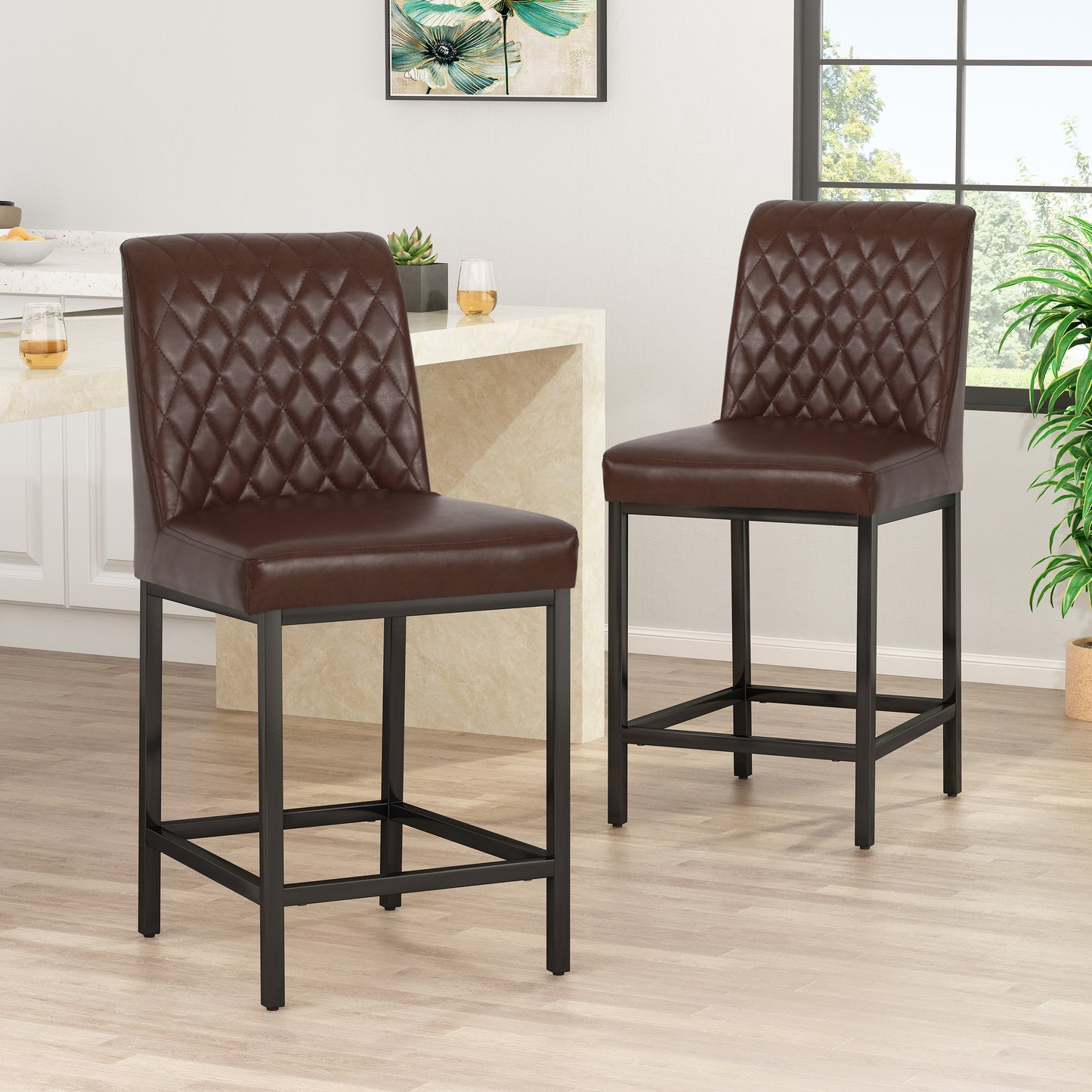 Mirole- Set of 2 - 26" Dark Brown Leather Counter Stools with High Back