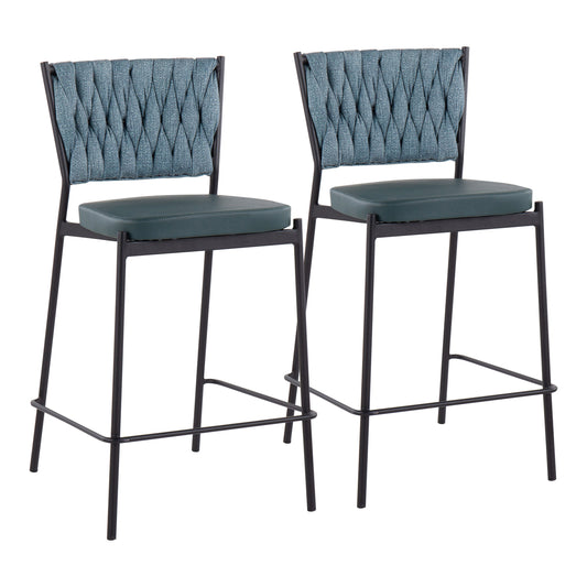 Lathen - Set of 2 - 24" Black Metal Counter Stools with Green Faux Leather and Sea Green Fabric