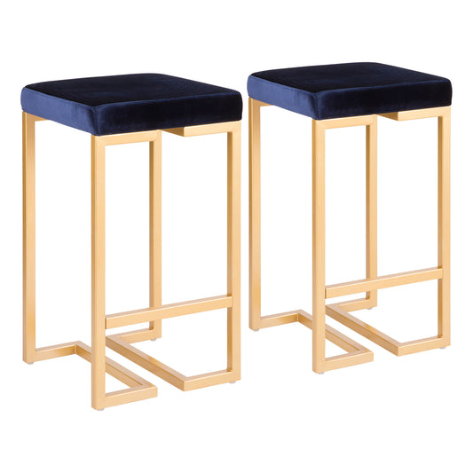 Midal - Set of 2 - 26" Contemporary-Glam Fixed-Height Counter Stools with Gold Frame, Blue Velvet Cushion, and Stylish Metal Footrest