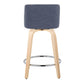 Tiber- Set of 2 - 26" Natural Wood & Blue Fabric Swivel Counter Stools with Chrome Footrest