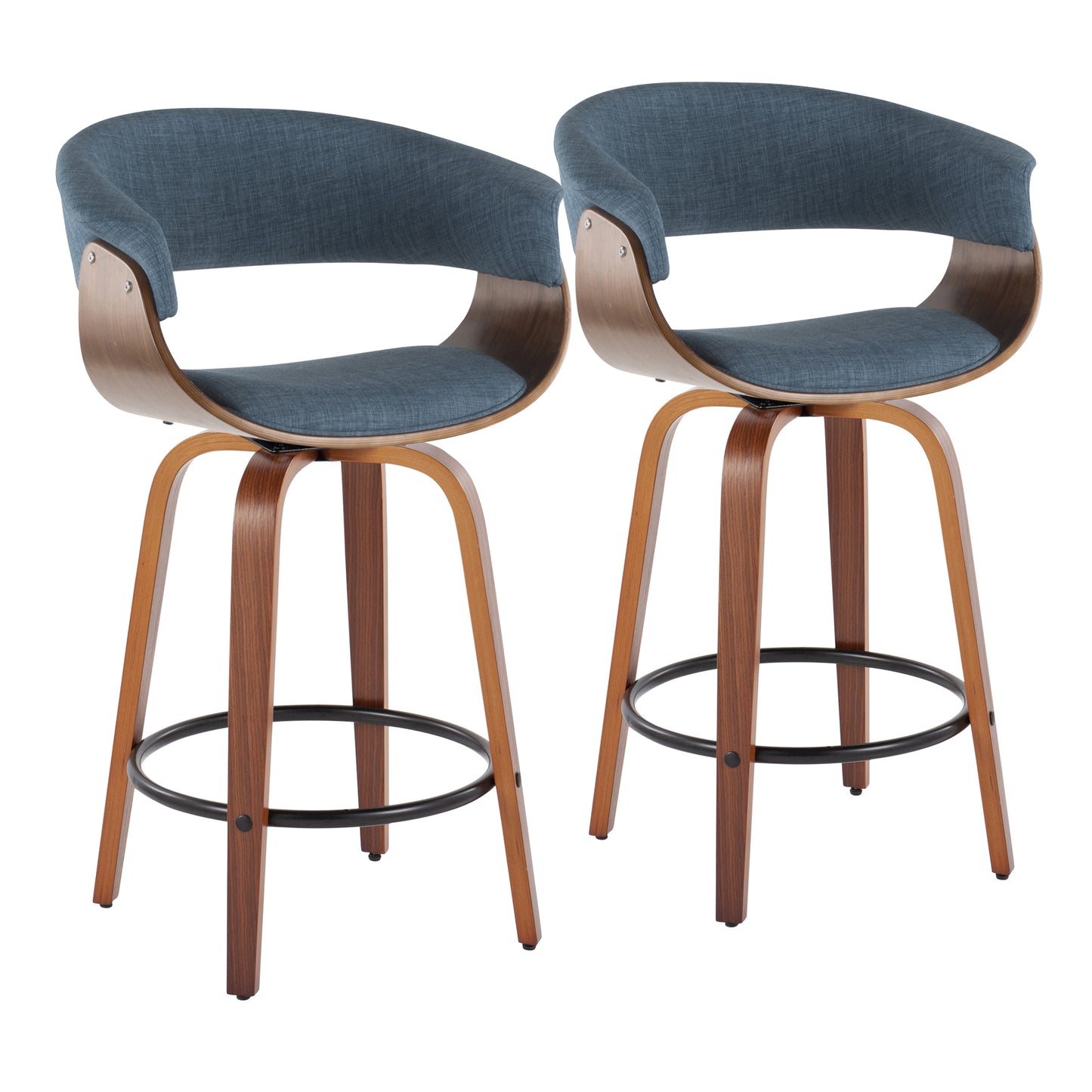 Leoranan - Set of 2 - 26" Walnut Wood Counter Stools with Blue Fabric, Black Metal Footrest, Mid-Century Modern Swivel Design