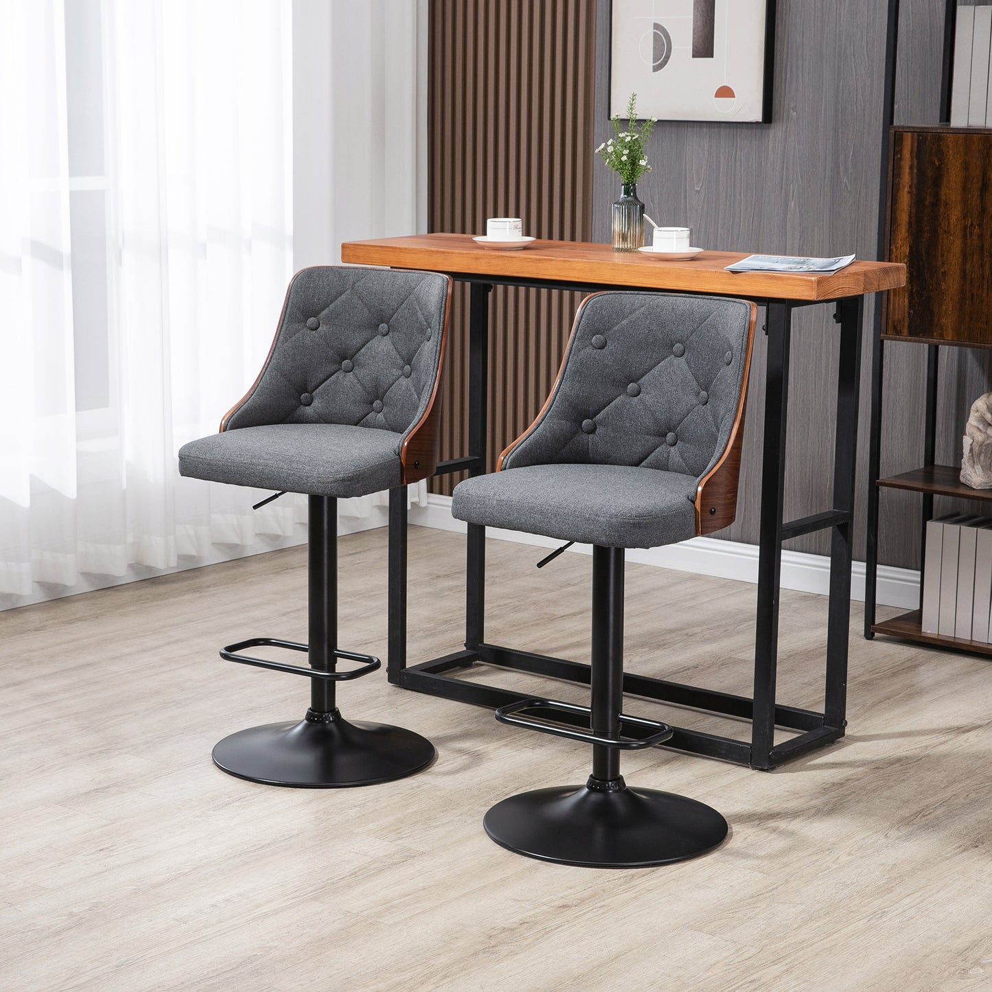 Seth - Set of 2 - 25.25" Dark Grey Adjustable Swivel Bar Stools with Tufted Back, 360° Rotation, Steel Base for Kitchen or Bar