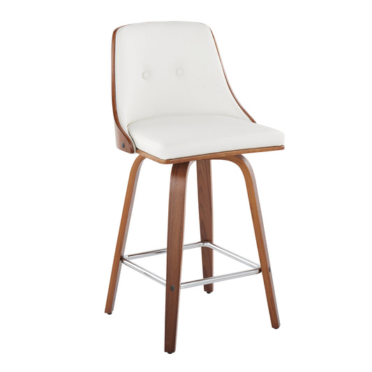 Griselle - Set of 2 - 24" Walnut Wood & Light White Faux Leather Counter Stools with Chrome Metal Footrest