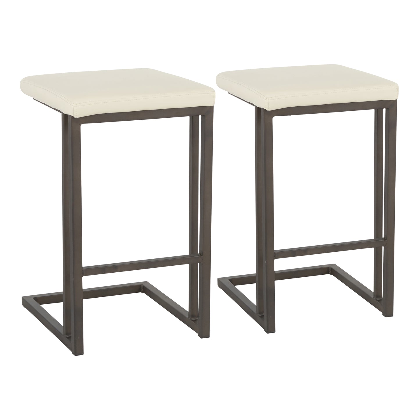 Roman - Set of 2 - 26" Counter Stools with Cream Faux Leather Upholstery & Antique Metal Frame