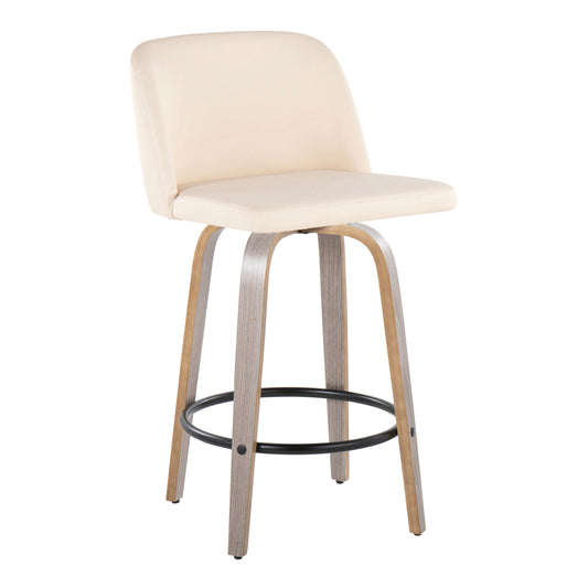 Tevin - Set of 2 - 24" Light Grey Faux Leather & Cream Wood Swivel Counter Stools with Black Metal Footrest