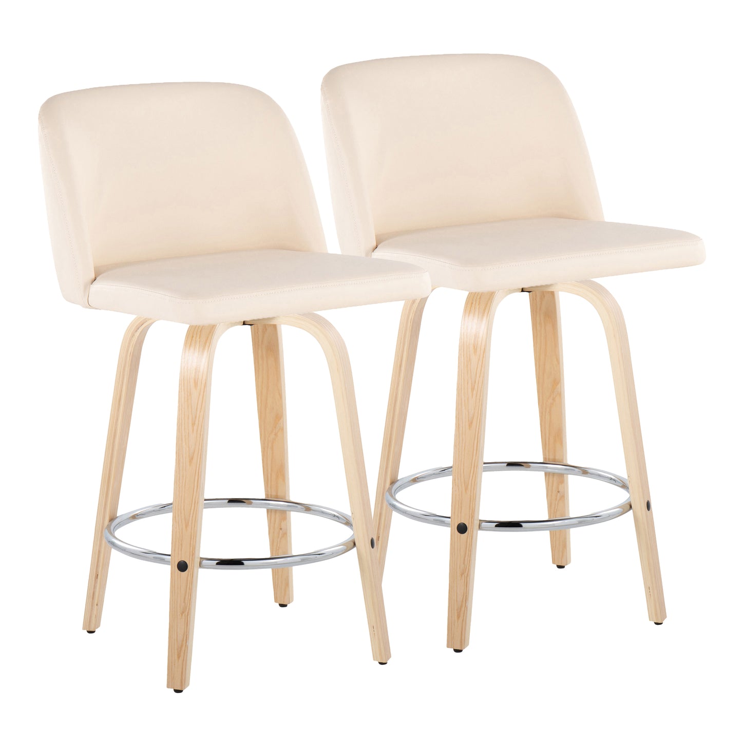 Tarian - Set of 2 - 24" Natural Wood & Cream Faux Leather Swivel Counter Stools with Chrome Footrest