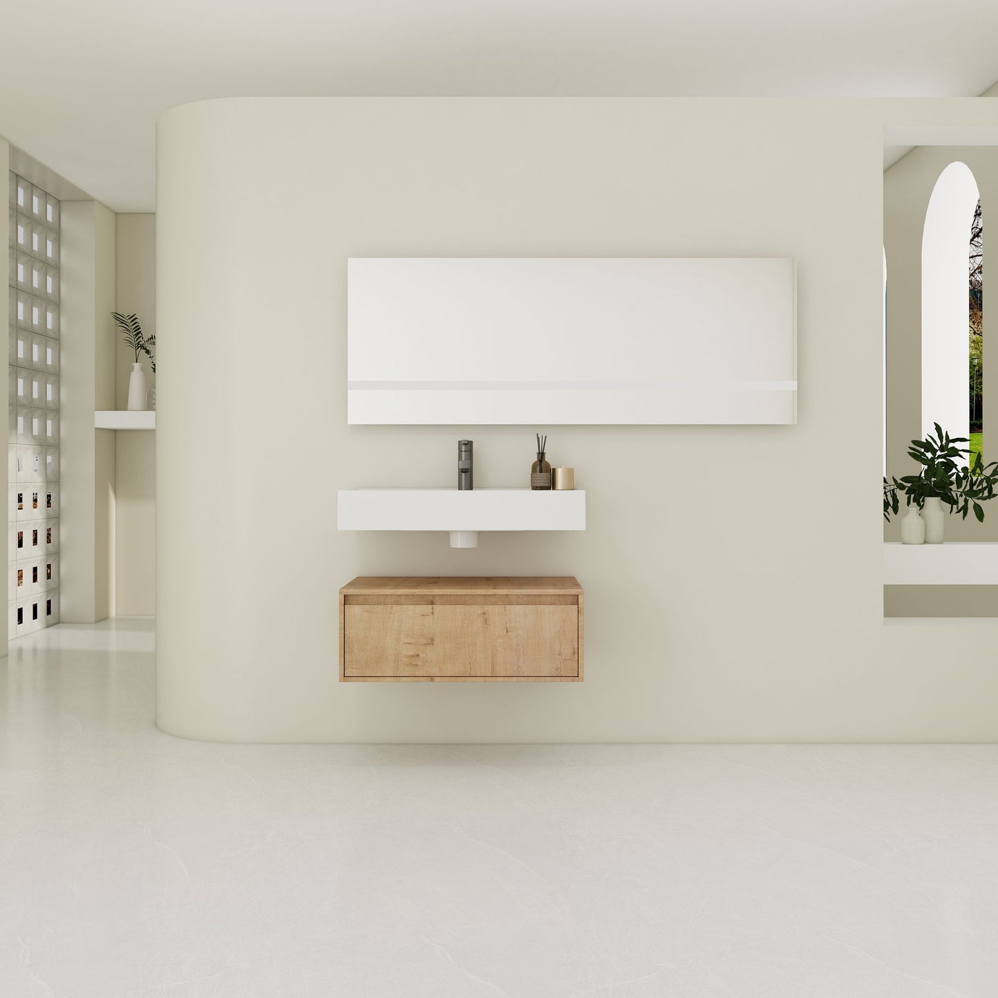 Wall Mounted Bathroom Vanity With Resin Sink And Soft Close Drawer - Imitative Oak
