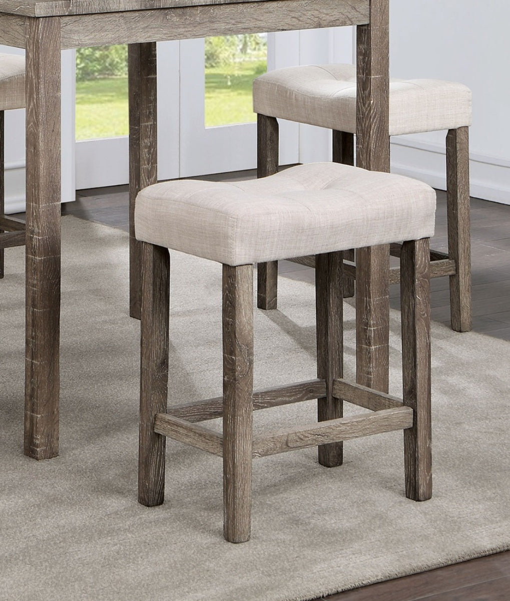 Torreon - Set of 5 - 24" Stool - Gray & Beige Transitional Counter Height Dining Set with Fabric Upholstered Saddle Seat Stools, Solid Wood Dining Table