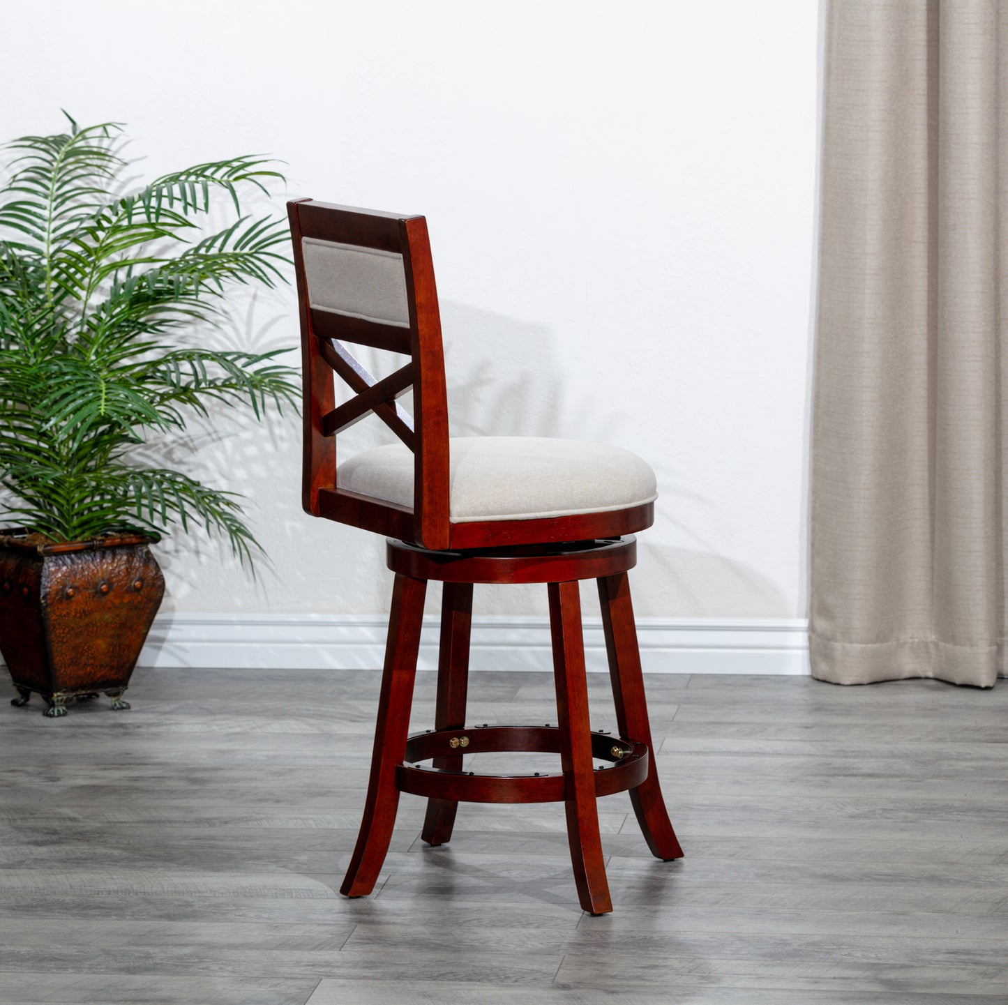 Salina - Set of 2 - 24" Counter Height X-Back Swivel Stools - Cherry Finish & Beige Upholstered Seat