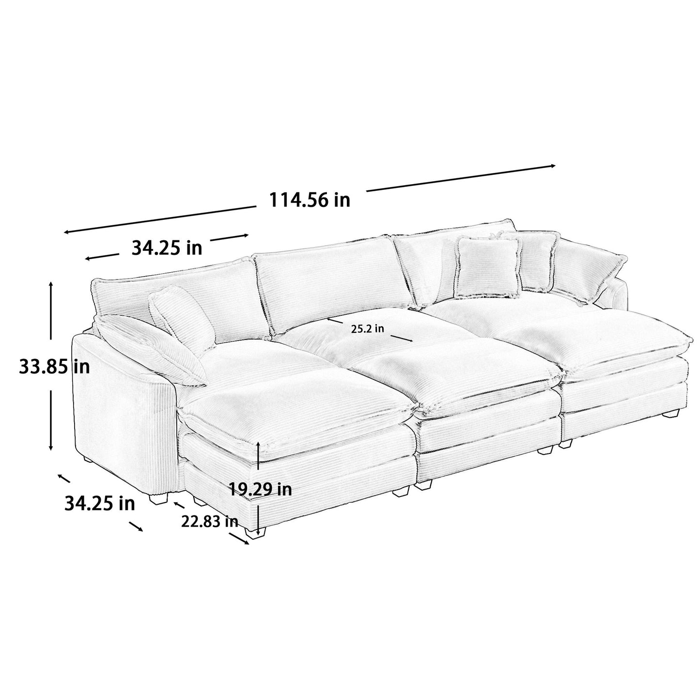 Modular Oversized Cushion Sofa With Ottoman, Low Back, Deep Seating Sofa Set